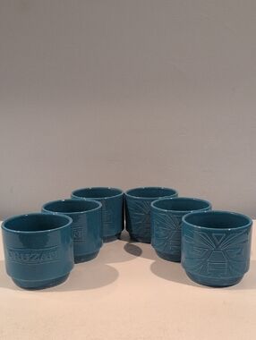 Set Of Six Ceramic Cruzan Rum Stackable Turquoise Tiki 10 Ounce Mugs